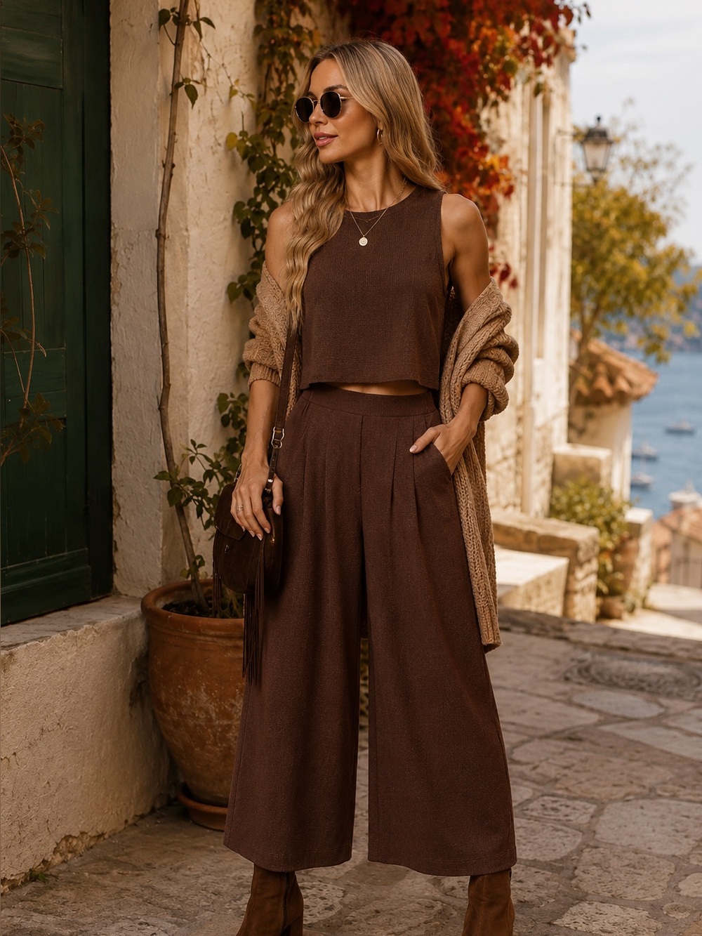 Women’s Brown Wide-Leg Crop Two Peice Set